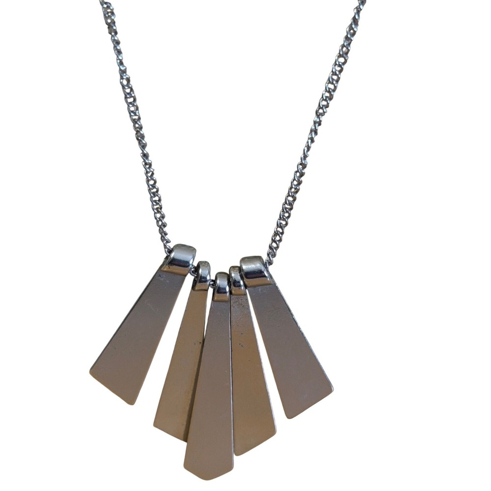 Silver Tone Geometric Fan Tapered Bar Pendant Long Necklace  Layering